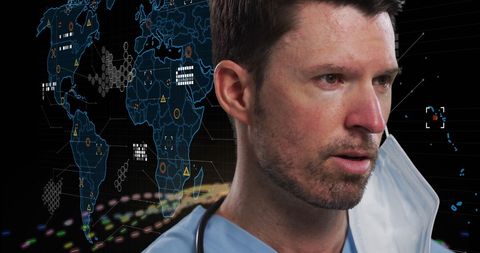 Caucasian male doctor with digital world map interface