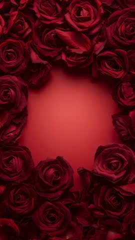 Vertical video showing ring of deep red roses framing empty center for romantic greeting