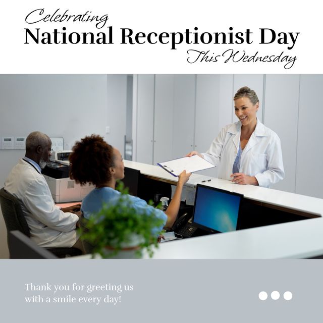 Image displays a diverse doctor team celebrating National Receptionist Day by giving a file to the receptionist. Useful for healthcare promotions, employee appreciation, teamwork and dedication in a medical environment.