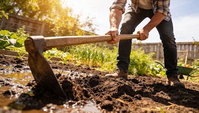 Gardener turning moist soil with mattock in backyard garden under warm golden sunlight