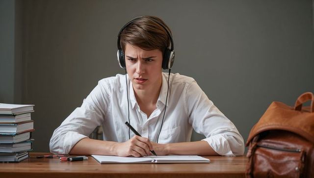 Focused teen studying with headphones writing in notebook at wooden desk minimalist