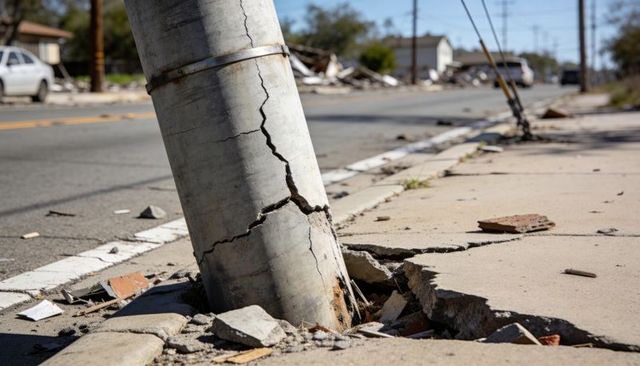 Leaning cracked concrete utility pole sinking into fractured sidewalk with debris rubble