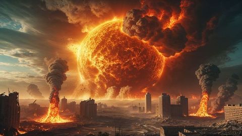 Glowing Molten Sphere Above Apocalyptic Ruined Cityscape