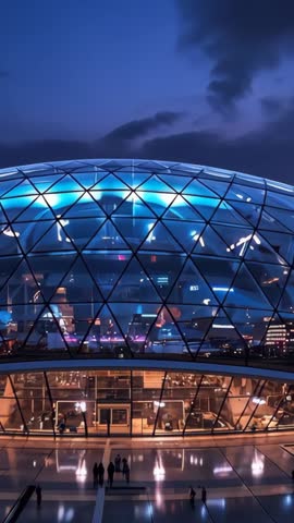 Walking group exploring futuristic geodesic glass dome at dusk under blue LED illumination