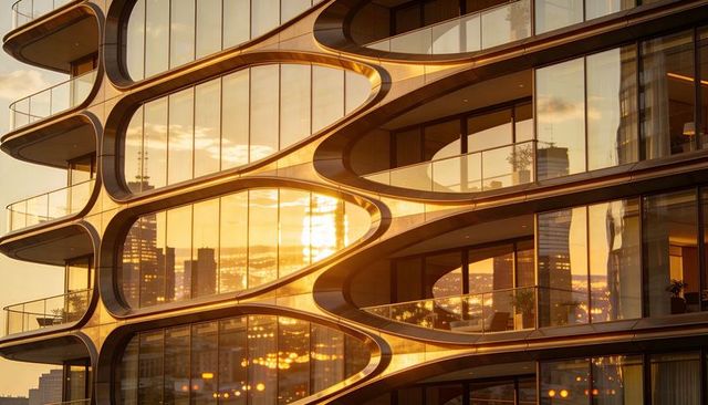 Curved bronze facade reflecting golden sunset over urban skyline with glass balconies