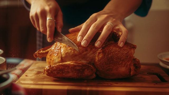 Hands slicing oven-roasted thanksgiving turkey in kitchen
