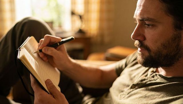 Bearded man writing in journal on cozy sunlit couch