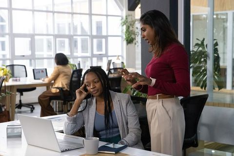 Indian manager advising African American colleague at laptop in open-plan office with plants
