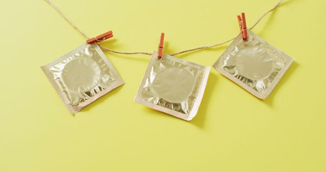 Condoms are hanging from a string secured by clothespins against a yellow backdrop. It emphasizes the theme of sexual health awareness, highlighting the importance of safe sex practices. Ideal for use in educational articles, health websites, or campaigns promoting safe sex and contraception.