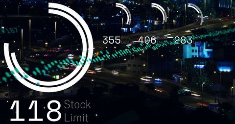 Futuristic cityscape with digital stock limit overlay