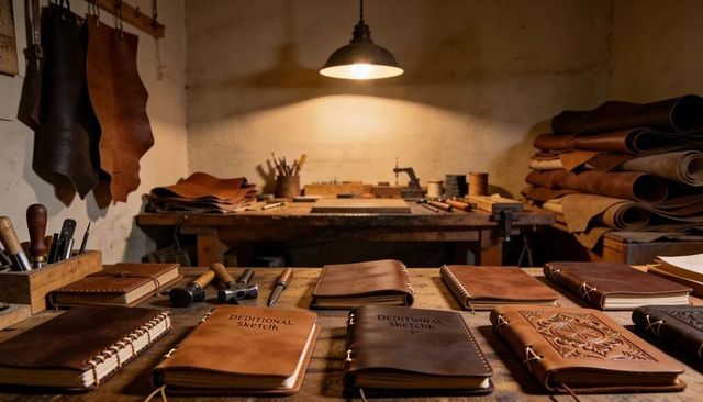 Handmade leather sketchbooks on rustic workbench with embossed journals and tools
