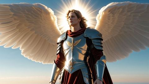 Celestial warrior with shining wings over mountain skies