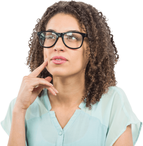 Pensive Businesswoman Wearing Glasses Thinking on Transparent Background