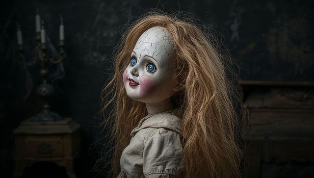 Gothic porcelain doll in haunted vintage room
