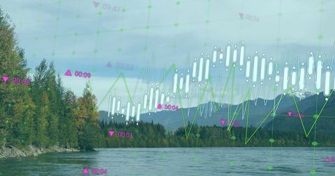 Chart analysis over tranquil lake with mountains