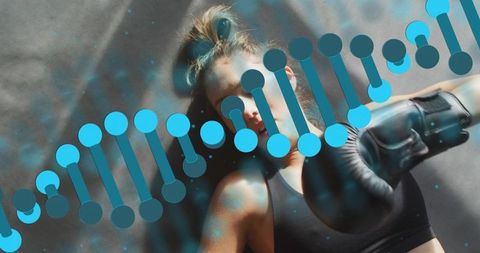 Female boxer throwing glove toward camera with dna helix overlay, dynamic motion