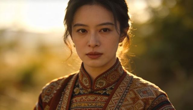 Asian woman wearing embroidered high-collar jacket, golden hour portrait with backlit halo