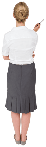 Back View of Businesswoman Holding Pen on Transparent Background