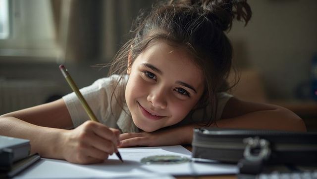 Smiling preteen girl writing homework at sunlit desk studying and learning with focus