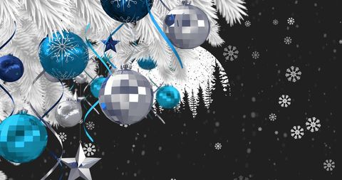 Festive Christmas Tree with Blue and Silver Ornaments Amidst Falling Snowflakes