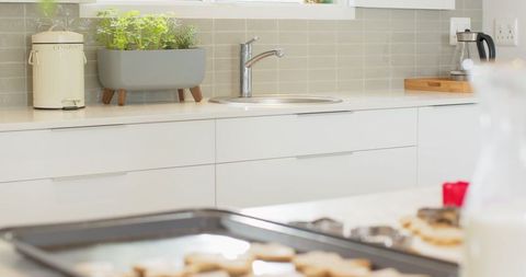 Modern Kitchen with Herb Planter and Baking Scene