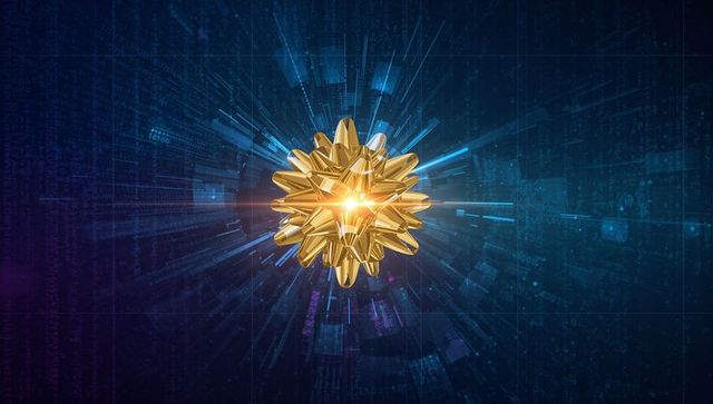 Glowing Golden Polyhedron Floating in Futuristic Cyberspace