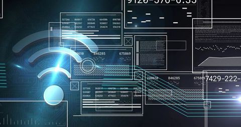 Holographic wi-fi network interface with neon circuit board, data panels, telemetry