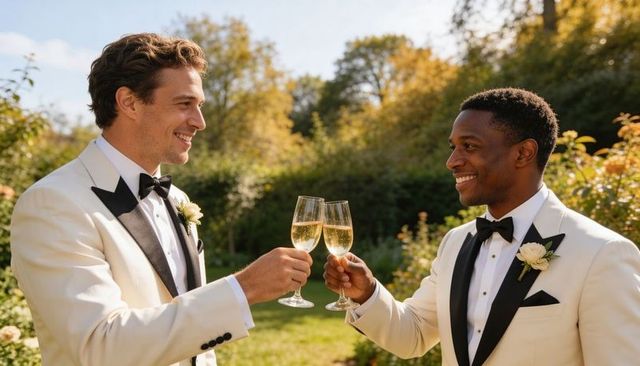 Grooms clinking champagne flutes wearing cream tuxedos with black lapels in sunlit garden