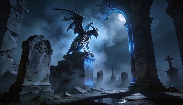 Perching skeletal gargoyle raising wings over moonlit cemetery ruins glowing blue arch