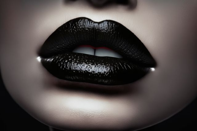 Close-up view of lips with glossy black lipstick and subtle teeth peeking through. Ideal for beauty and fashion-related content, makeup tutorials, cosmetics advertisements, glamour showcases, and artistic photography projects highlighting bold makeup choices.