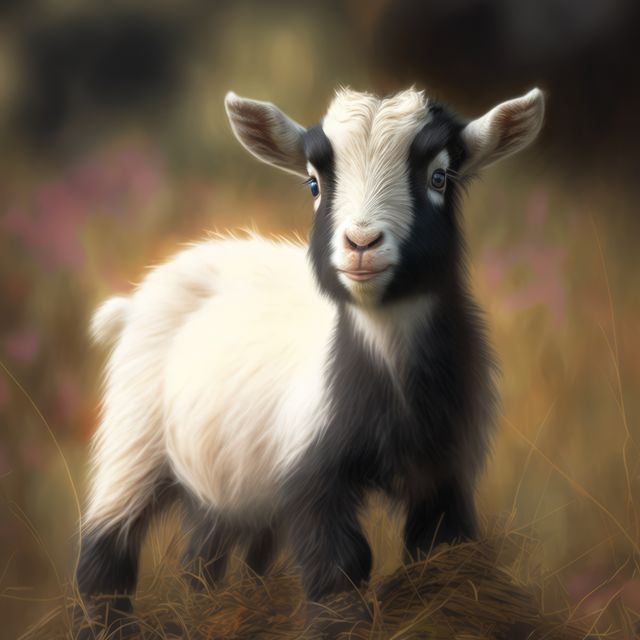 Close up of cute pygmy goat in field, created using generative ai technology. Animal, nature, beauty in nature and wildlife concept digitally generated image.