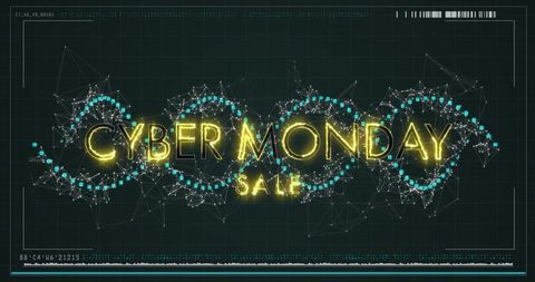 Neon cyber monday sale hud banner with futuristic network and glowing waveform