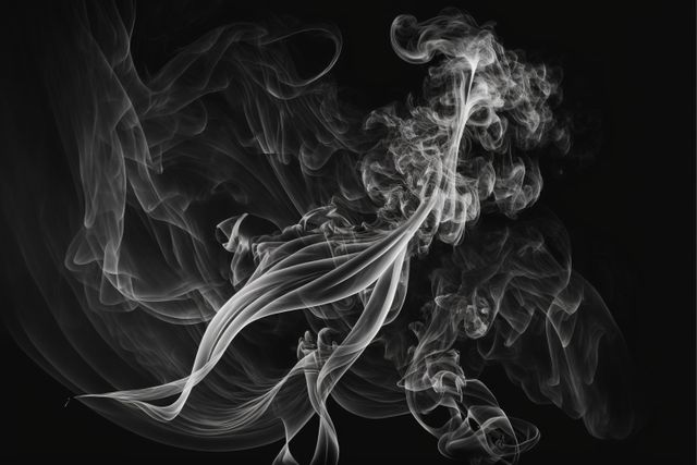 Abstract white smoke swirling and forming intricate designs on black background, conveying a sense of mystery and elegance. Suitable for use in graphic design, backgrounds, presentations, and artistic displays emphasizing ethereal and fluid movement.