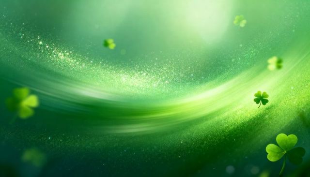 Luminous emerald swirl with floating clovers and sparkling bokeh glow background