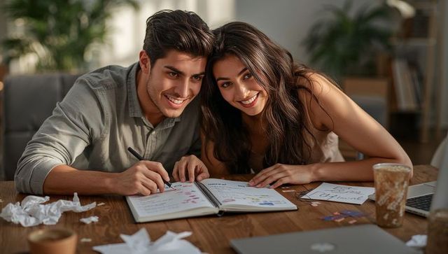 Young couple smiling while planning future and writing in notebook at cozy home workspace