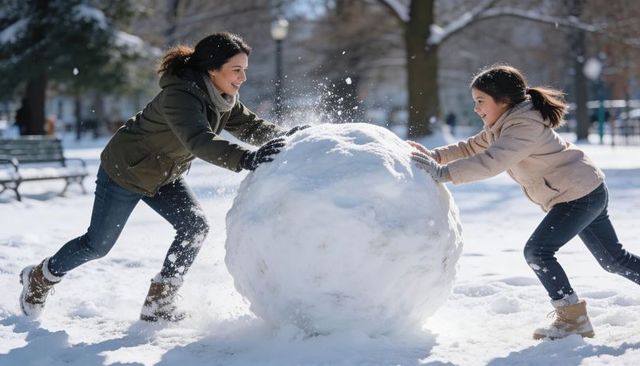 Mother and daughter pushing giant snowball in snowy park, laughing, teamwork winter play