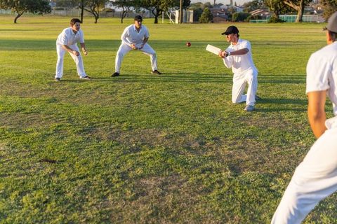 Diverse male cricket team playing on grass field at golden hour kneeling batsman in action