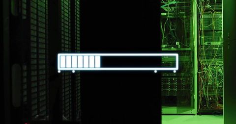 Glowing progress bar overlaying green data center racks with dense cabling