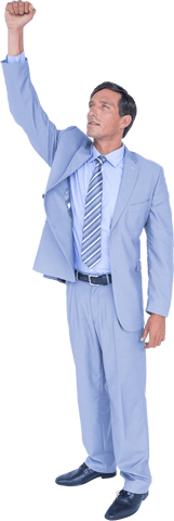 Transparent Businessman in Suit with Raised Hand in Triumph