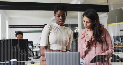 Business Professionals Collaborating in Modern Office with Digital Data Overlays