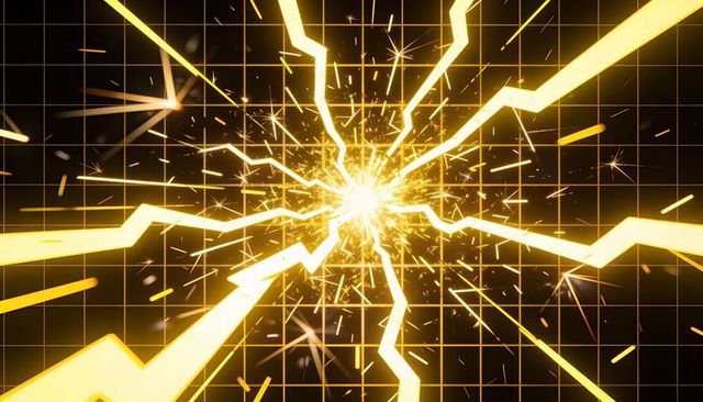 Golden energy burst radiating jagged neon bolts across dark grid with spark flares
