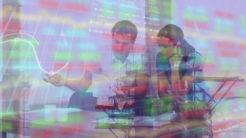 Stressed Couple Analyzing Bills with Stock Market Data Overlay