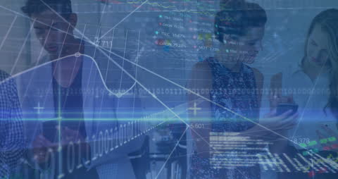 Interactive Financial Data Overlay on Engaged Team in Office