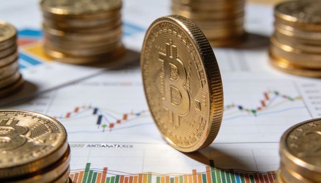 Standing bitcoin coin on trading charts with stacked coins and candlestick market graphs
