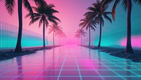 Futuristic Neon Pathway with Palm Trees Under Gradient Sky