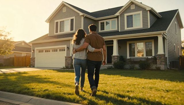 Young couple walking toward suburban two-story home during golden hour embracing homeownership