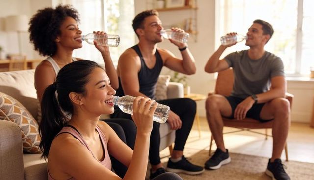 Friends hydrating together after home workout in sunlit living room