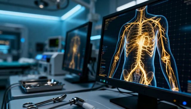 Displaying 3d torso anatomy on surgical monitor with instrument tray and blue lighting