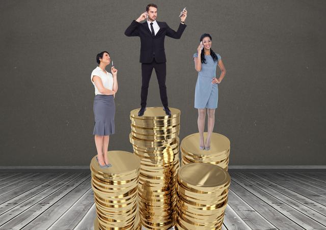 Businesspeople standing on stacked coins symbolize financial success and growth. Ideal for illustrating concepts of wealth, investment, corporate success, and economic growth in business presentations, financial reports, and marketing materials.