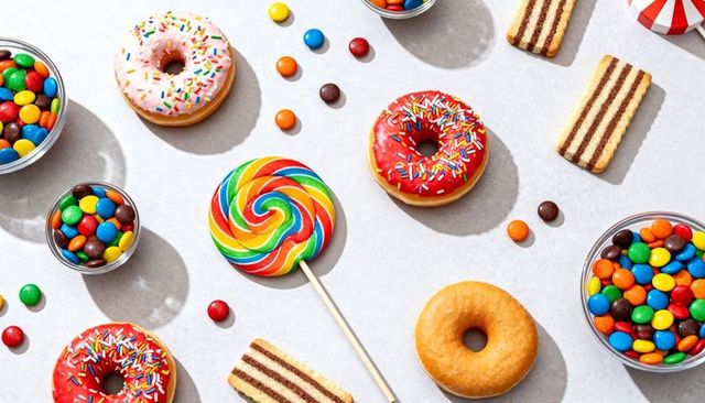 Vibrant candy flatlay with rainbow lollipop, sprinkled donuts, wafers and chocolate candies